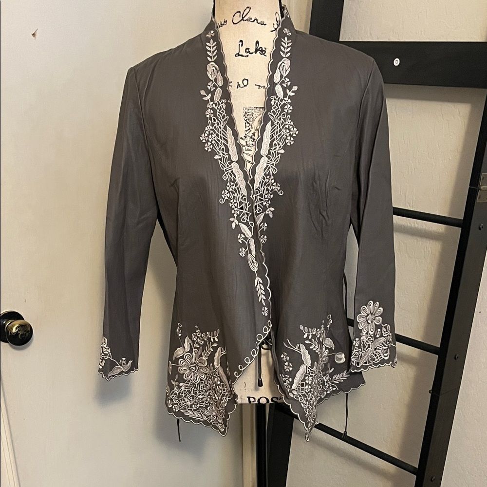 Two Star Dog Embroidered Gray Leather Belt Tie Wrap Shirt Bohemian